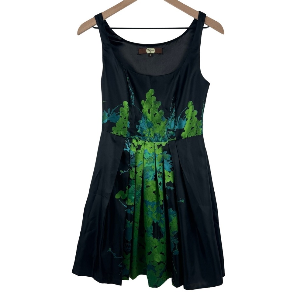 Eva Franco Womens Fit‎ Flare Dress Size 2 Black Blue Green Floral Cocktail USA